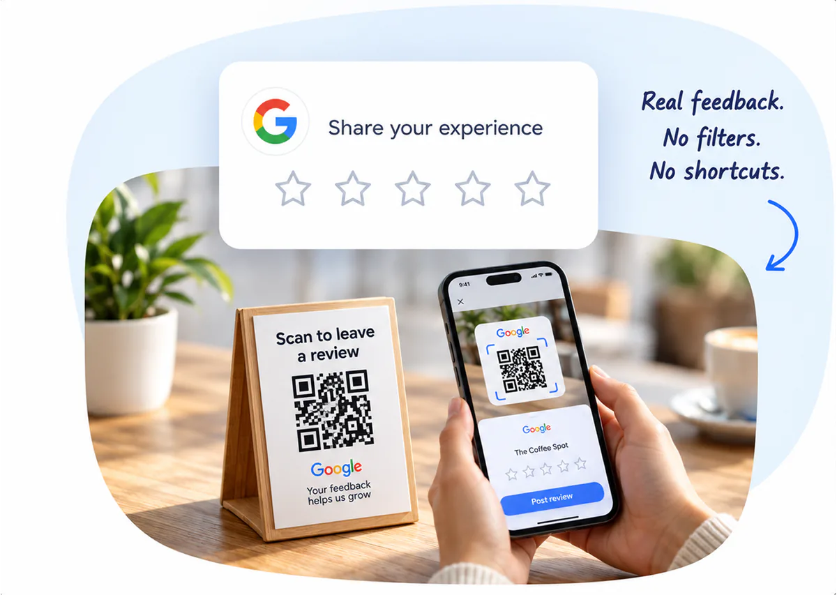 A table tent QR code beside a phone posting a Google review, with the words Real feedback. No filters. No shortcuts.