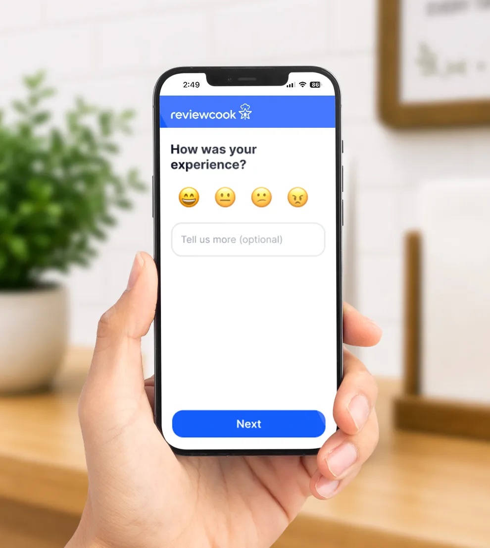 Smartphone showing the ReviewCook 'How was your experience?' screen with emoji rating faces, a 'Tell us more' field, and a Next button